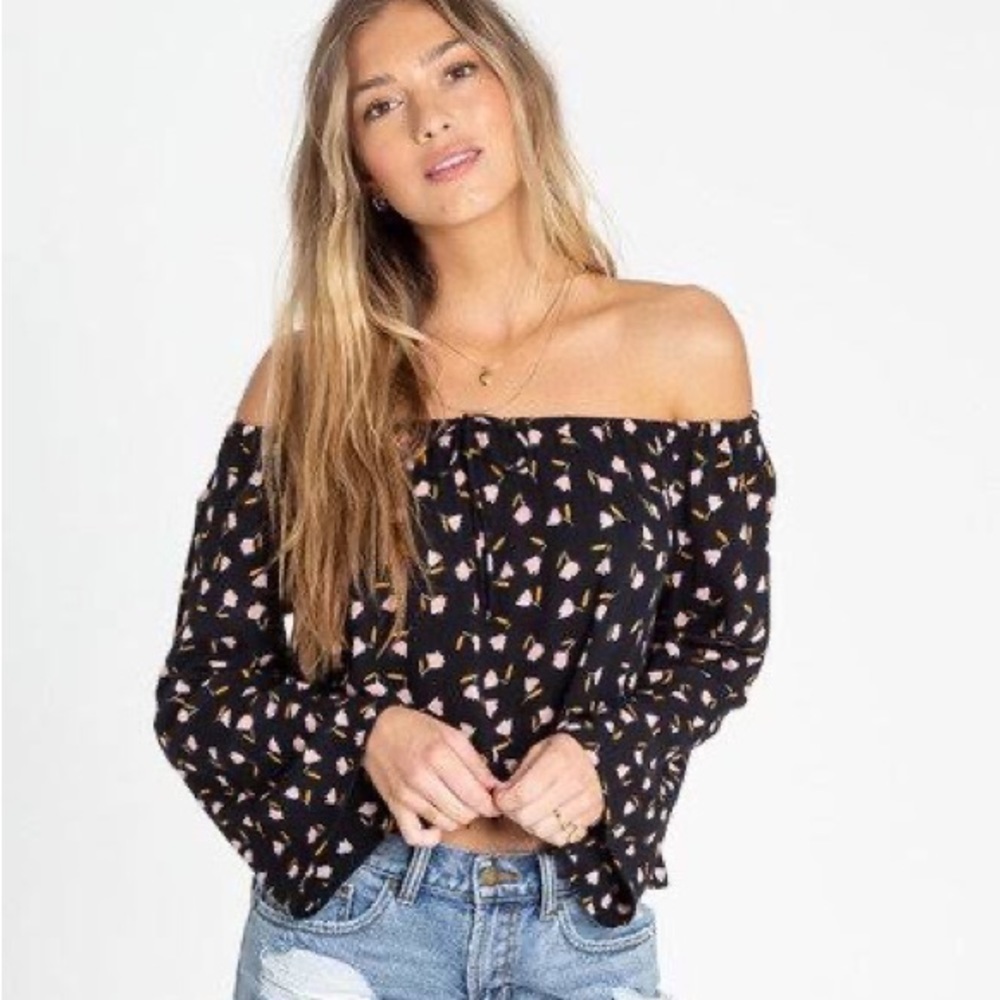 Billabong Light It Up Black Pink Peasant Top Long Sleeve Surfer‎ bell sleeve